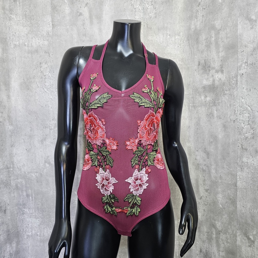 Cotton Candy Couture‎ Maroon Mesh Floral Embroidered Bodysuit Lingerie